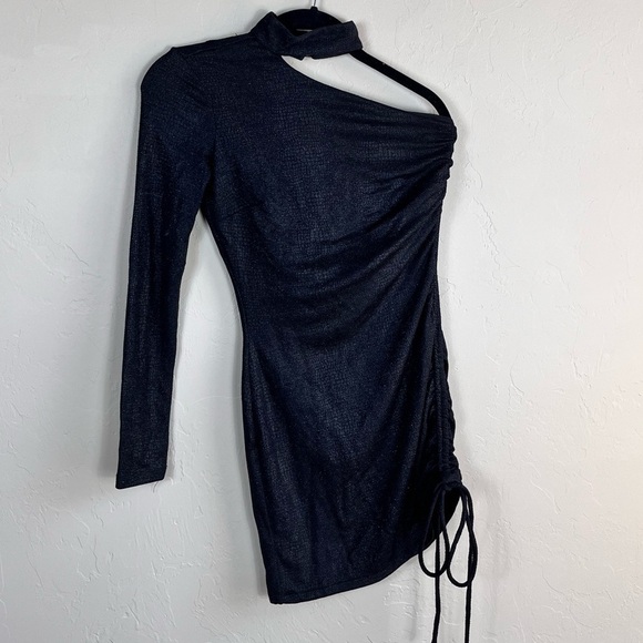 Hours x Revolve Metallic Black One Sleeve Choker Neck Bodycon Mini Dress - Picture 2 of 8